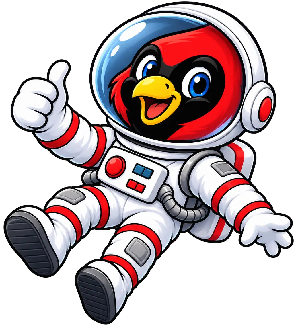 Cardy, the EZ Drive Ohio mascot, as an astronaut